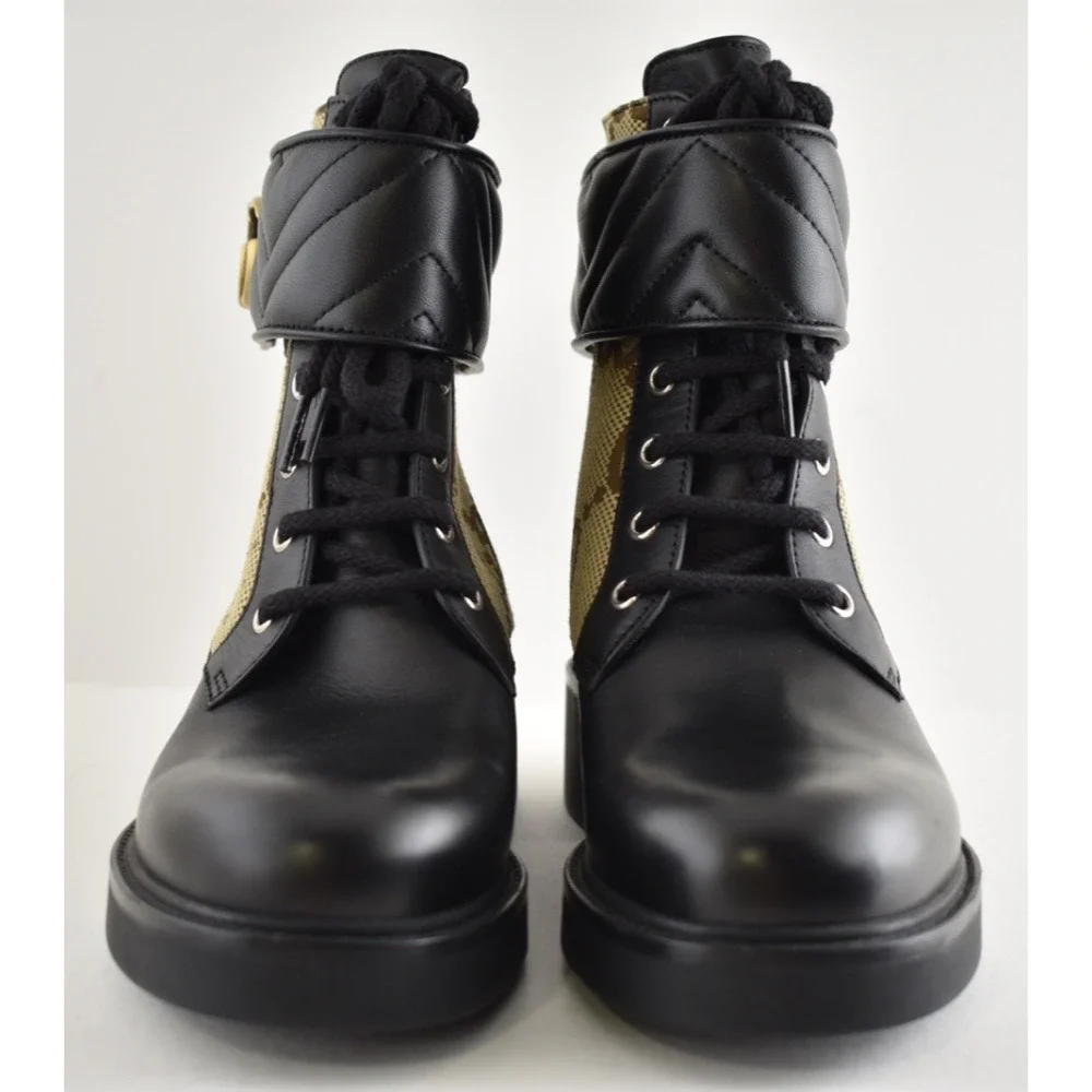 Gucci Marmont Black Leather Beige GG Coated Canvas Logo Print Combat Boots 38